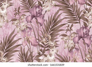 Seamless floral pattern with exotic flowers. Iris and orchid flowers with leaves on vector