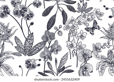 Seamless floral pattern. Exotic flowers and butterflies. Beautiful orchids garden. Black and white background. Vintage. Vector illustration. Template for textiles, wallpaper, paper.