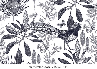 Seamless floral pattern. Exotic flowers, butterflies and pheasant bird. Flower background. Vintage. Vector illustration. Black and white. Template for textiles, wallpaper, paper. svg