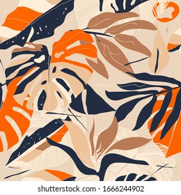 Seamless floral pattern from exotic jungle plants. Floral organic background. Creative abstract collage with Tropical Monstera deliciosa plant. Hand drawn vector illustration