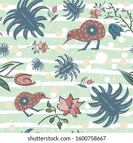 Seamless Floral Pattern with exotic kiwi bird. Hand Drawn. Vector Illustration