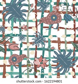 Seamless Floral Pattern with exotic kiwi bird. Hand Drawn. Vector Illustration