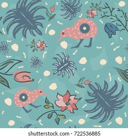 Seamless Floral Pattern with exotic kiwi bird. Hand Drawn. Vector Illustration