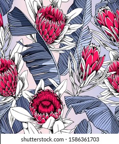 Seamless floral pattern. Exotic pink Protea flowers and blue banana leaves. Textile composition, hand drawn style print. Vector illustration.