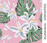 Seamless floral pattern of exotic tropical lilies and monster leaves.  Isolated on light pink background. Fabric texture. Wallpaper.