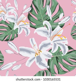 Seamless floral pattern of exotic tropical lilies and monster leaves.  Isolated on light pink background. Fabric texture. Wallpaper.