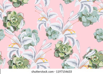 Seamless floral pattern of exotic tropical lilies and succulent isolated on the light pink background. Fabric texture. Wallpaper.