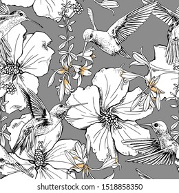 Seamless floral pattern. Exotic Tropical Hibiscus flowers and hummingbirds on a gray background. Textile composition, hand drawn style print. Vector illustration.