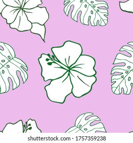Seamless floral pattern. Exotic and tropical pattern with monstera leaves and hibiscus flowers in vector