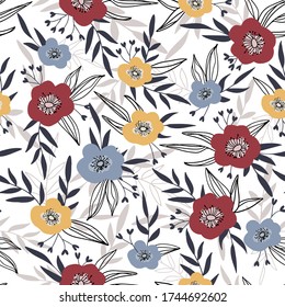 Patrón floral sin foco. Diseño de tela con flores simples. Vector lindo patrón repetido para tela, papel pintado o papel envuelto