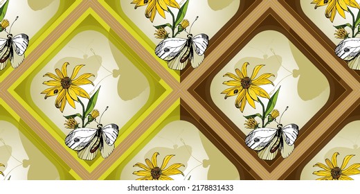 Seamless floral pattern for fabric design, wallpaper, vector illustration Yellow Jerusalem artichoke flower with white butterfly on golden gradient background background in rhombuses.