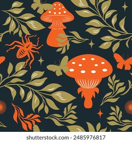Seamless floral pattern, fabric design with the picture of leaves, mushrooms and branches, butterfly and spider