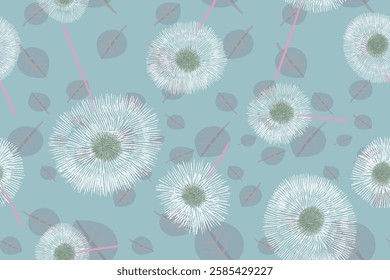 seamless floral pattern fabric pattern features a soft and whimsical dandelion-inspired design, set against a muted teal background. The composition showcases delicate white dandelion seed heads