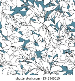 Seamless floral pattern for fabric. Large white flowers on a blue background. Elegant light texture for home textiles.