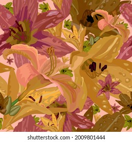 Seamless floral pattern for fabric with pink and yellow lilies on a pink background