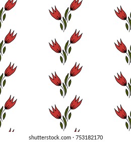 Seamless floral pattern. Pattern for fabric, trellis. Tulips. Strips of tulips on a white background