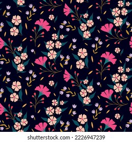 Seamless floral pattern with fairy garden, decorative wild plants in abstract arrangement on dark background. Cute flower print, pretty botanical design with small flowers, branches, leaves. Vector.