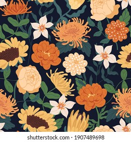 Seamless floral pattern with fall flowers. Endless design with gorgeous sunflowers, peony roses, clematises and chrysanthemums for printing. Repeatable botanical backdrop. Flat vector illustration