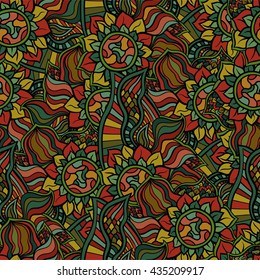 Seamless floral pattern fall season. Indian mehendi zentangle boho hippie style. Vector.