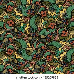 Seamless floral pattern fall season. Indian mehendi zentangle boho hippie style. Vector.