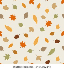 Seamless floral pattern with fallen leaves in autumn color palette with linen texture. Vector illustration for printing on fabric, wallpaper, packaging, etc.