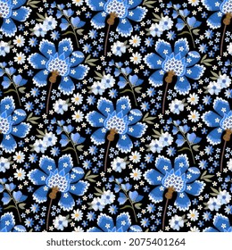 Seamless floral pattern with fantasy blue and white flowers. Embroidery design. Beautiful print for textile, fabric, wrap, scrapbooking.