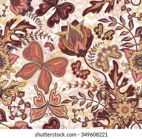 Seamless floral pattern with fantasy flowers and butterflies on colorful background, vector illustration.