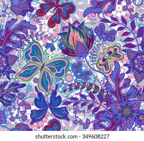 Seamless floral pattern with fantasy flowers and butterflies on colorful pastel background, hand draw. Vector illustration.