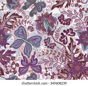 Seamless floral pattern with fantasy flowers and butterflies on colorful pastel background, hand draw. Vector illustration.