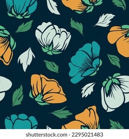 Seamless floral pattern for fashion, fabric, wallpaper. Green and yellow hand drawn buttercup flowers. Cute endless background with small colorful flower.