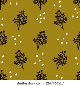 Seamless Floral Pattern. Fashion textile pattern with decorative branches on mustard background. Vector illustration