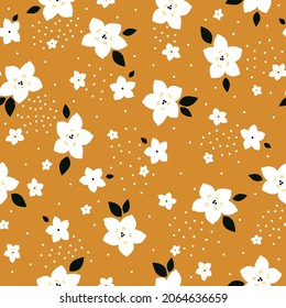 Seamless floral pattern. Fashionable background of wonderful white flowers and dots, black leaves. flowers scattered on a terracotta background. Stock vector for printing on surfaces and web design.
