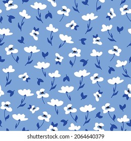 Patrón floral sin foco. Fondo de moda de maravillosas flores blancas y hojas azul oscuro. flores esparcidas en un fondo azul claro. Vector de material para imprimir en superficies y diseño web.