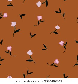 Seamless floral pattern. Fashionable background of white flowers and black leaves. flowers scattered on a terracotta background. Stock vector for printing on surfaces and web design.