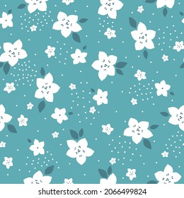 Seamless floral pattern. Fashionable background of white flowers and dark blue leaves. flowers scattered on a light blue background. Stock vector for printing on surfaces and web design.