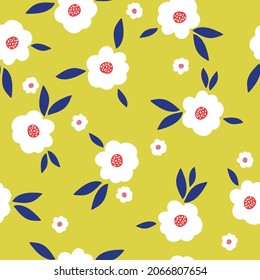 Seamless floral pattern. Fashionable background of white flowers and blue leaves. flowers scattered on a yellow background. Stock vector for printing on surfaces and web design.