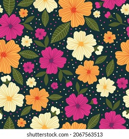 Seamless floral pattern. Fashionable background of pink, white and orange flowers, green leaf leaves. flowers scattered on a dark blue background. Stock vector for printing on surfaces and web design.