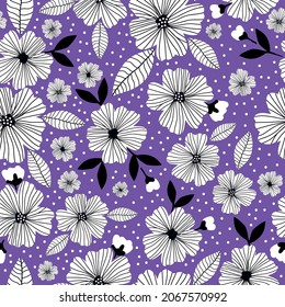 Seamless floral pattern. Fashionable background of white abstract flowers, black leaves. flowers scattered on a lilac background. Stock vector for printing on surfaces and web design.
