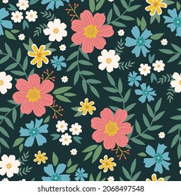 Seamless floral pattern. Fashionable background of pink, white and blue flowers and green leaves. flowers scattered on a dark green background. Stock vector for printing on surfaces and web design.