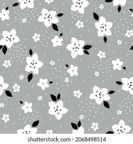 Seamless floral pattern. Fashionable background of white flowers and dots, black leaves. flowers scattered on a gray background. Stock vector for printing on surfaces and web design.