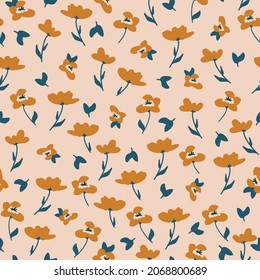 Seamless floral pattern. Fashionable background of marvelous terracotta flowers and dark blue leaves. flowers scattered on a beige background. Stock vector for printing on surfaces and web design.