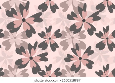 Seamless floral pattern features abstract petal shapes in soft pink,beige, and charcoal tones on a soft pastel pink background.Trendy neutral flower motif. Suitable for fabric prints. luxury textiles.