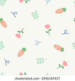 Seamless floral pattern features adorable motifs of tulips, carrots, leaves, sprigs pastel colors. Spring inspired for nursery, card, wrapping, textile, wallpaper, background, paper gift, phone case.