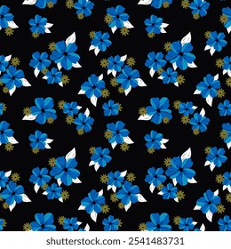 seamless floral pattern features blue flowers with white leaves and small yellow accents on a black background. The vibrant and elegant design is ideal for textiles, wallpapers, and various decorative