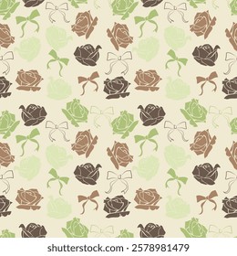 seamless floral pattern features hand-drawn roses, delicate bows in earthy brown, green, beige tones. The elegant vintage design creates a soft, timeless aesthetic perfect for textile, wallpaper