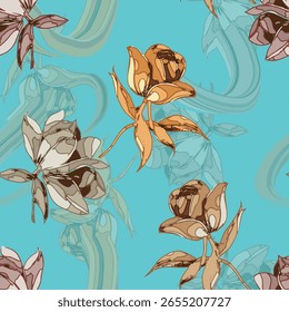 Seamless floral pattern featuring abstract camellia-inspired flowers in earthy tones over a vibrant blue background. Ideal for textile, fashion, and surface design with artistic flair
