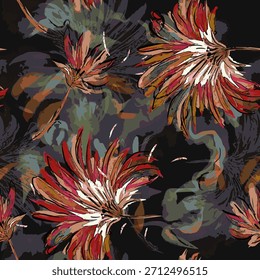 Patrón floral sin fisuras con pétalos abstractos en tonos tierra cálidos con expresivas texturas de pincel sobre un fondo oscuro. Diseño botánico moderno conveniente para la tela, impresiones de la moda, Fondo de pantalla 