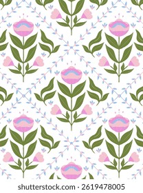 seamless floral pattern featuring an array of vibrant abstract flowers and lush green leaves, ideal for fashion fabrics, digital printing, and modern textile design applications