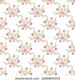 seamless floral pattern featuring beautiful pink flowers and lush green leaves arranged elegantly on a white background. Perfect for decorative designs, textiles, and elegant creative projects.