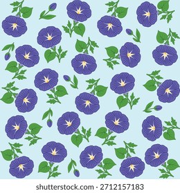Ein nahtloses Blumenmuster mit schönen violetten Morgenruhmblumen mit detaillierten Blütenblättern, grünen Blättern und Knospen auf weichem hellblauem Hintergrund.